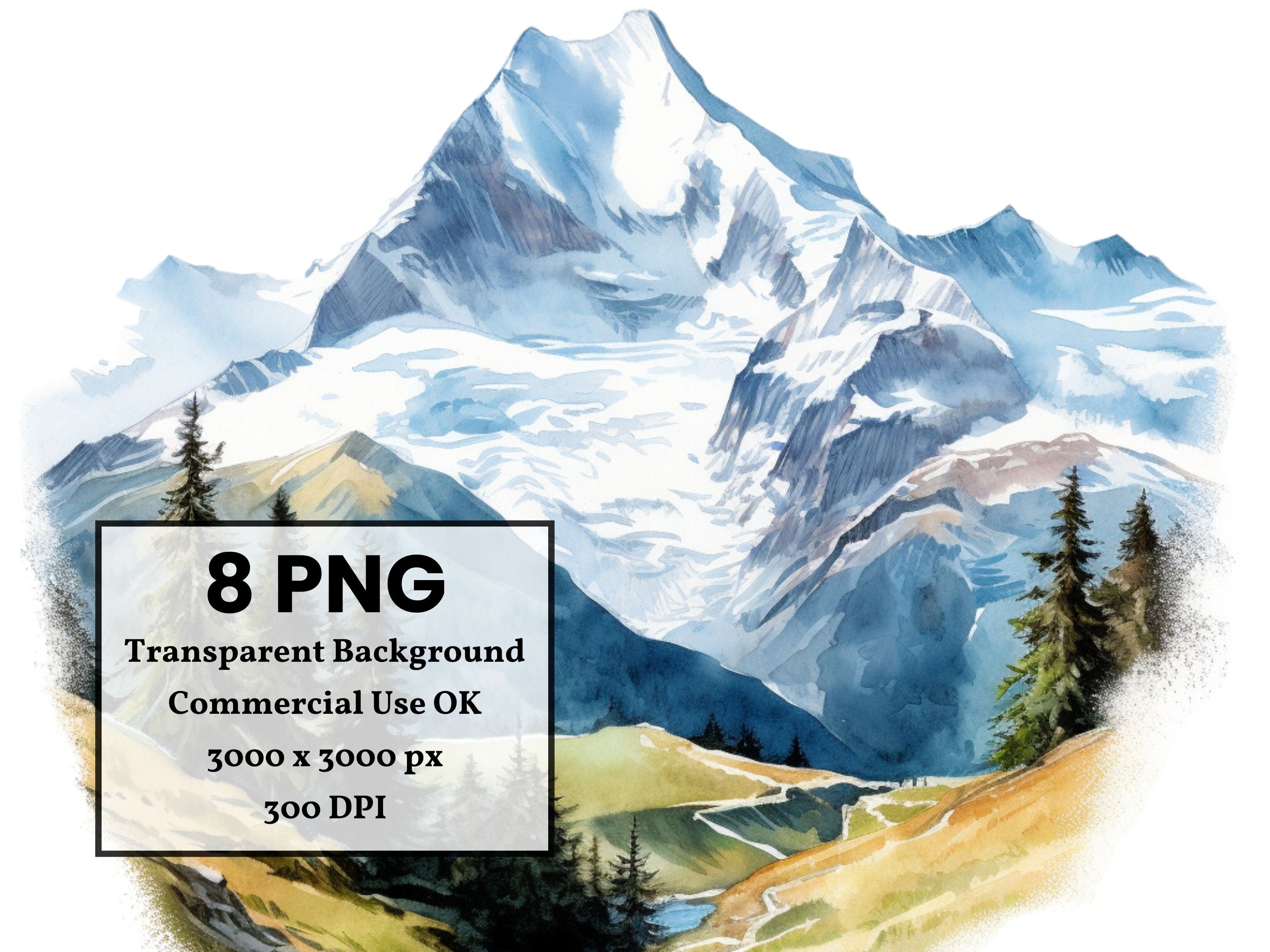 Swiss Alps Clipart Watercolor Illustration Commercial Use Etsy