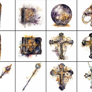 Pode incluir: Um conjunto de doze ilustra&ccedil;&otilde;es de aquarela que representam v&aacute;rios objetos religiosos e m&aacute;gicos. As ilustra&ccedil;&otilde;es incluem um livro, uma bola de cristal, uma varinha, uma adaga e v&aacute;rias cruzes com detalhes intrincados.