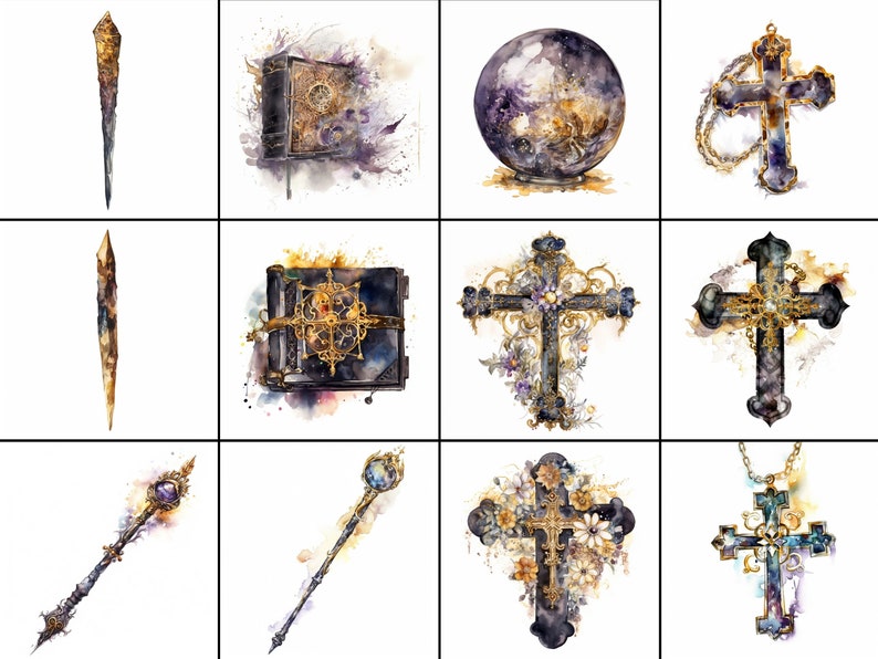 Pode incluir: Um conjunto de doze ilustra&ccedil;&otilde;es de aquarela que representam v&aacute;rios objetos religiosos e m&aacute;gicos. As ilustra&ccedil;&otilde;es incluem um livro, uma bola de cristal, uma varinha, uma adaga e v&aacute;rias cruzes com detalhes intrincados.
