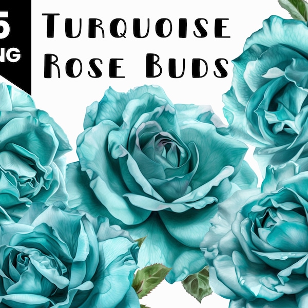 5 Turquoise Rose Bud Flower Clipart Bundle Commercial Use Allowed Digital Design Bundle Collage Crafts POD Digital Download PNG Clipart