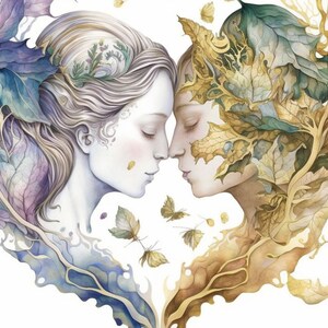 May include: A watercolor painting of two figures, one with blue and purple leaves and the other with gold and brown leaves, facing each other in a heart shape.