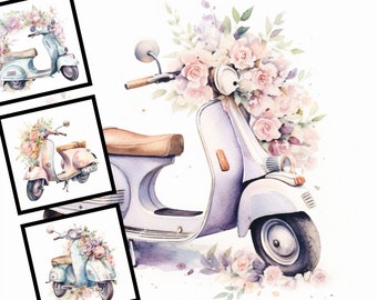 Aquarel vintage Vespa clipartbundel: commercieel gebruik (digitale download)