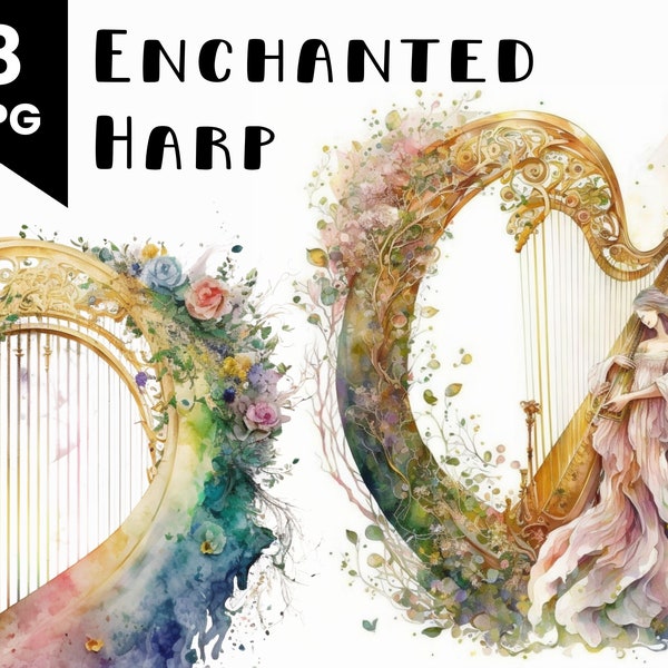 Enchanted Harp Print Art, Commercial Use Watercolor Magic Harp Illustration Bundle, Digital Design Bundle, Clip Art, POD