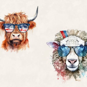 K&ouml;nnte beinhalten: Ein Aquarellbild von einem schottischen Hochlandrind und einem Schaf, die Sonnenbrillen tragen. Die Kuh tr&auml;gt Sonnenbrillen mit dem Design der amerikanischen Flagge. Das Schaf tr&auml;gt blaue Sonnenbrillen und ein rot-wei&szlig;-blaues Stirnband.