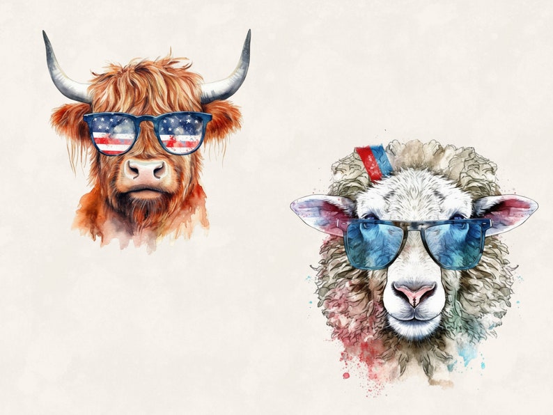 K&ouml;nnte beinhalten: Ein Aquarellbild von einem schottischen Hochlandrind und einem Schaf, die Sonnenbrillen tragen. Die Kuh tr&auml;gt Sonnenbrillen mit dem Design der amerikanischen Flagge. Das Schaf tr&auml;gt blaue Sonnenbrillen und ein rot-wei&szlig;-blaues Stirnband.