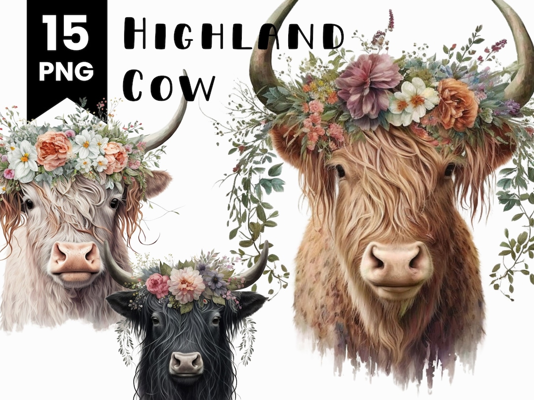 Watercolor Highland Cow Clipart: Flower Crown PNG Bundle (digital ...