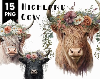 Aquarell Highland Kuh Clipart: Blumenkrone PNG Bundle (Digitaler Download)