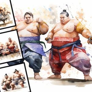 Könnte beinhalten: Vier Aquarellbilder von Sumoringern in verschiedenen Posen. Die Ringer tragen traditionelle Sumo-Kleidung, darunter Lendenschurze und Gürtel. Die Bilder sind vor einem weißen Hintergrund mit Farbstichen angeordnet.