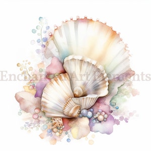 Op de afbeelding: Een aquarel schilderij van twee schelpen met een parelmoerachtige glans, omringd door kleurrijke aquarel spatten en kleine, delicate bloemen.