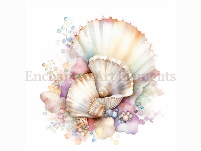 Op de afbeelding: Een aquarel schilderij van twee schelpen met een parelmoerachtige glans, omringd door kleurrijke aquarel spatten en kleine, delicate bloemen.