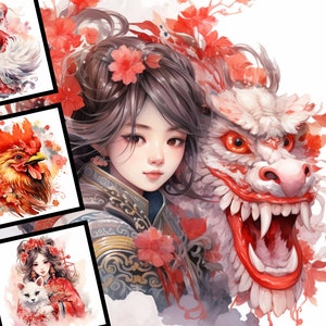 Chinesisches Neujahr Clipart Aquarell Illustration Kommerzielle Nutzung Digital Design Bundle für POD Sublimation Scrapbooking Collage