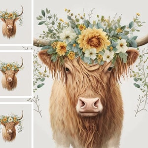 Highland Cow Digital Illustration, Commercial Use, Digital Design Bundle, POD, Cow Wearing Yellow Flowers