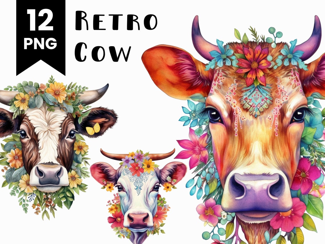 Retro Cow Clipart Bundle: Watercolor Farm Animal PNG (commercial Use ...