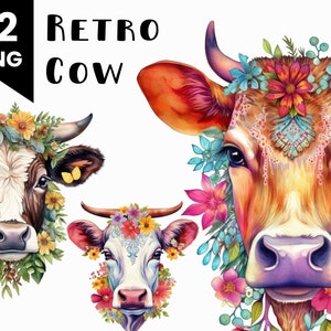 Retro Cow Clipart Bundle Watercolor Commercial Use Animated Farm Animal Digital Design Bundle PNG files