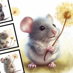 Ratón lindo y diente de león Ilustración de acuarela Ratón descarado y flor Uso comercial Permitido Diseño digital POD Clipart JPG archivos