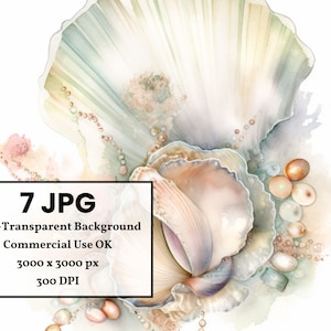 Op de afbeelding: Een aquarel schilderij van een schelp met parels en andere schelpen. De schelp is open en de parels stromen eruit. De achtergrond is lichtblauw.