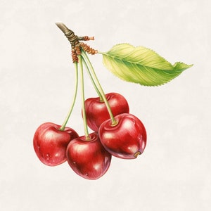 May include: A watercolor illustration of a cherry branch with four ripe, red cherries. The cherries have a glossy sheen and are attached to green stems. A single green leaf is also present, set against a neutral background.