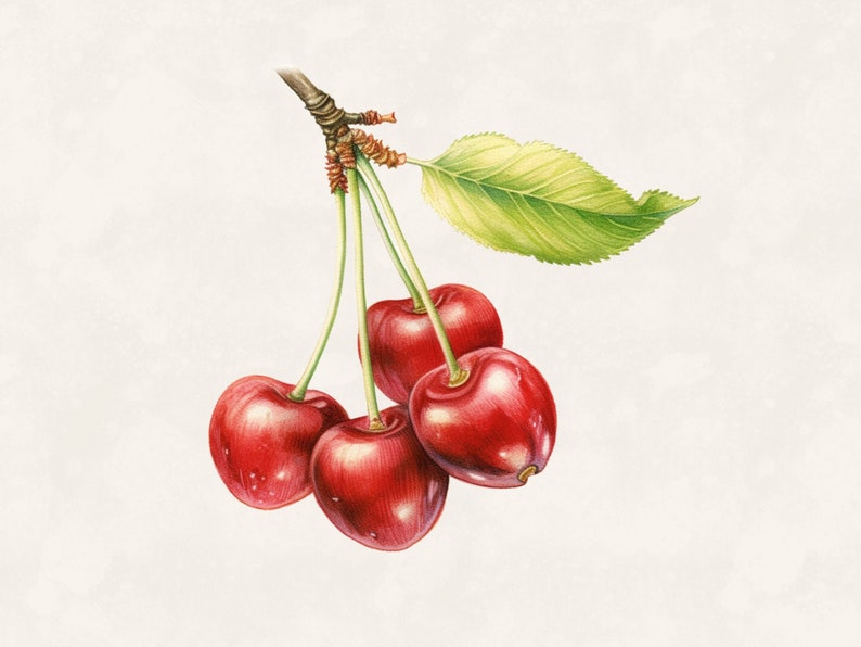 May include: A watercolor illustration of a cherry branch with four ripe, red cherries. The cherries have a glossy sheen and are attached to green stems. A single green leaf is also present, set against a neutral background.