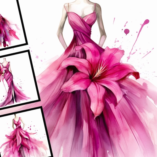 Magenta Lily Flower Dress Clip Art Illustration Commercial Use Abstract Dress Watercolor Bundle Digital Design Wedding Invitation