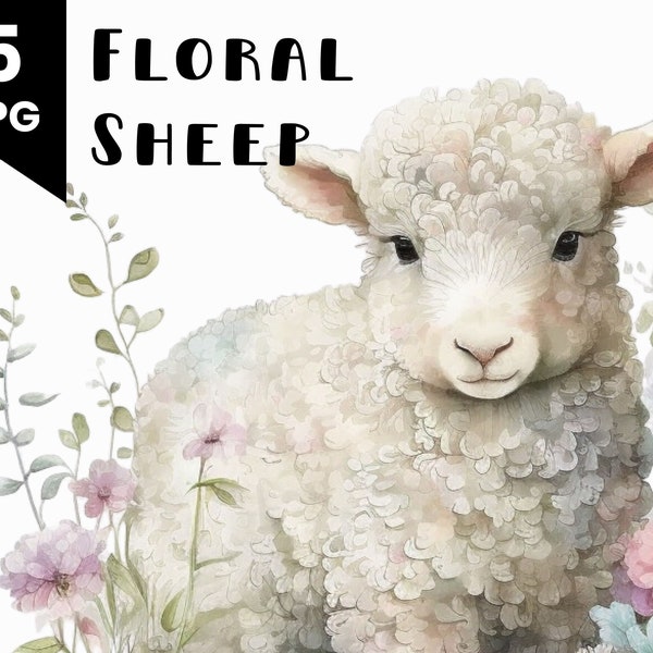 Sheep Watercolor Floral Illustration Wildflower Invitation Commercial Use Allowed Digital Design Bundle Nursery Wall Art POD JPG files
