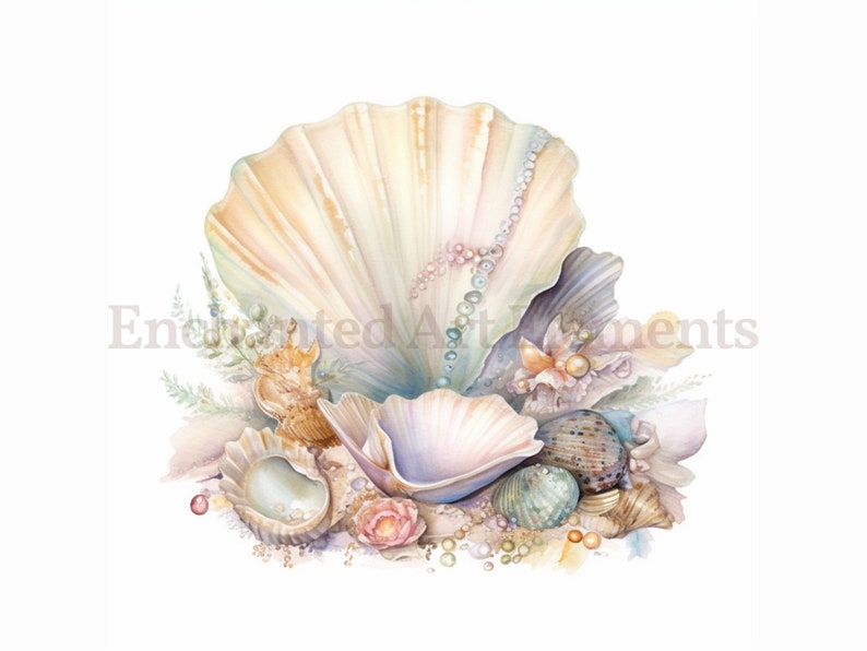 Op de afbeelding: Een aquarel schilderij van een schelpenarrangement met een grote, lichtroze en witte schelp in het midden. De schelp is versierd met een parelketting. Kleinere schelpen, parels en zeeglas zijn verspreid rond de grote schelp.