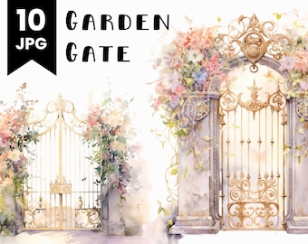 Aquarel tuinpoort clipart: romantische bloemen illustratie (digitale JPG-bestanden)