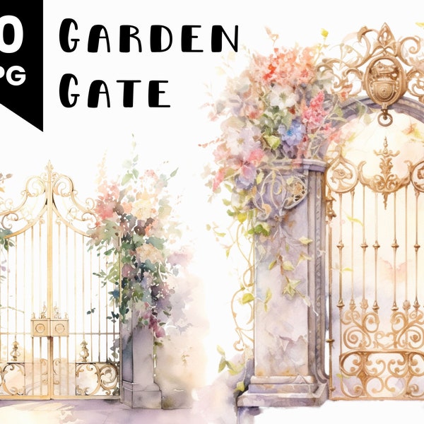 Garden Gate Print Art Romantic Illustration Commercial Use Watercolor Gold Gate Illustration Digital Design Bundle Clip Art