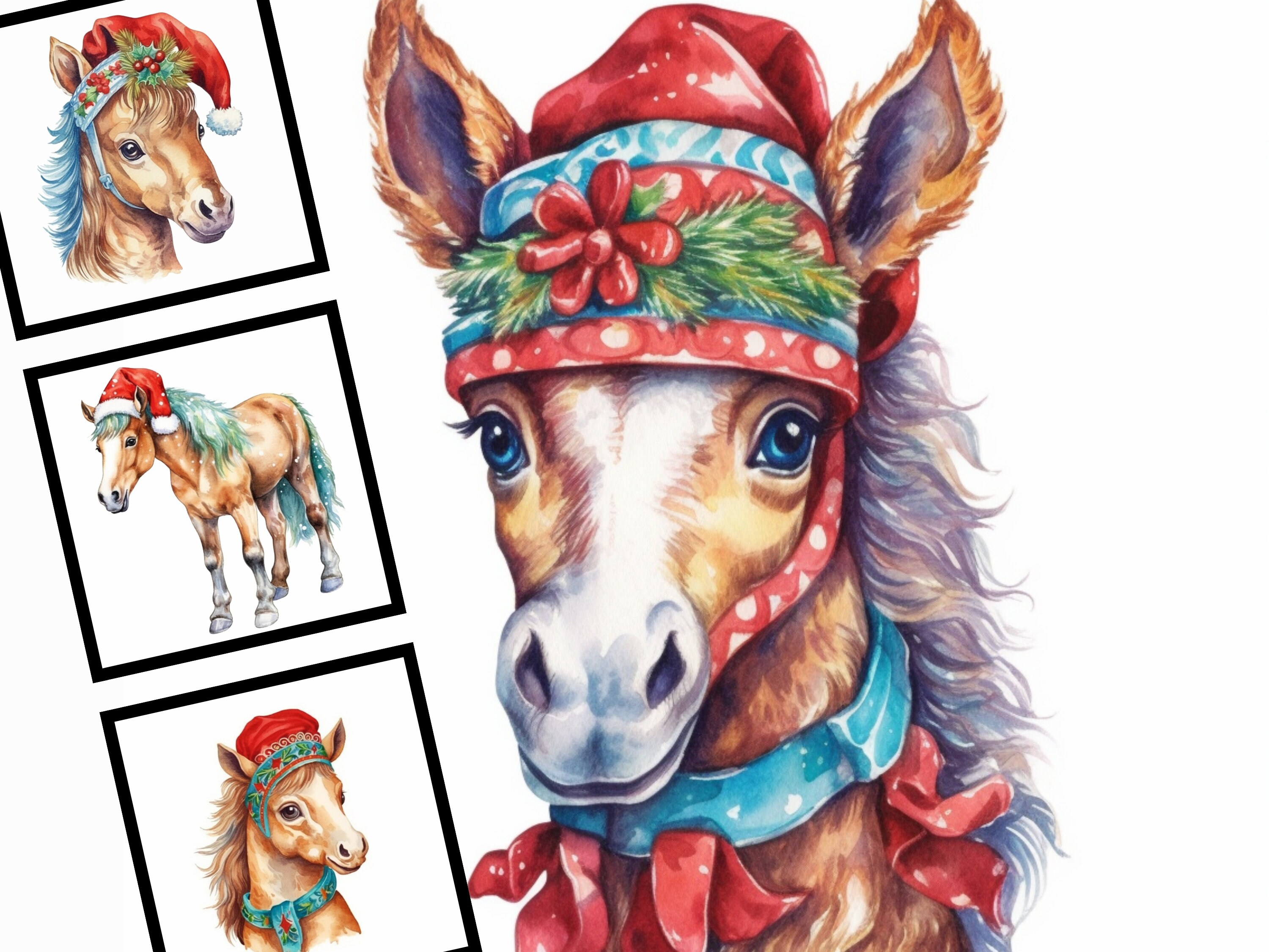 Christmas Horse Clipart Watercolor Illustration Commercial Use Digital ...