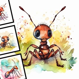 5 Animated Ant Illustration Nursery Art Commercial Use Digital Design Bundle Watercolor Clipart Ant POD JPG files