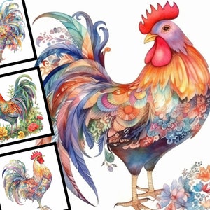 12 Boho poulet Clipart aquarelle Illustration utilisation commerciale Digital Design Bundle poulet avec fleurs POD fichiers JPG