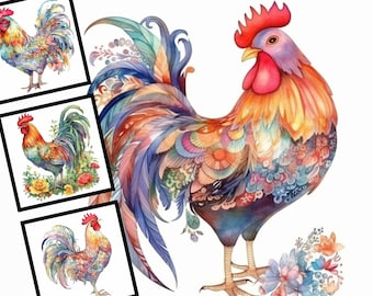 Boho Chicken Clipart: Akvarell blommig illustration (JPG-filer)