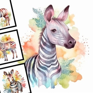 May include: Three watercolor paintings of zebras. Each painting features a zebra with black and white stripes against a colorful watercolor background.