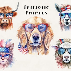 K&ouml;nnte beinhalten: Aquarellmalerei von f&uuml;nf patriotischen Tieren, die Sonnenbrillen tragen. Ein rot-wei&szlig;-blaues Stirnband mit Federn befindet sich auf dem Kopf der Katze. Ein rot-wei&szlig;-blaues Bandana befindet sich um den Hals des Hundes. Das Lama tr&auml;gt ein rot-wei&szlig;-blaues Stirnband. Der Text "PATRIOTIC ANIMALS" befindet sich oben im Bild.