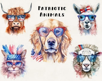 Patriotic Animals Watercolor Clipart: 4th of July PNG Bundle (Commercial Use)
