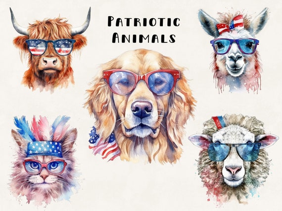 Patriotic Animals Watercolor Clipart: 4th of July PNG Bundle (Commercial Use)