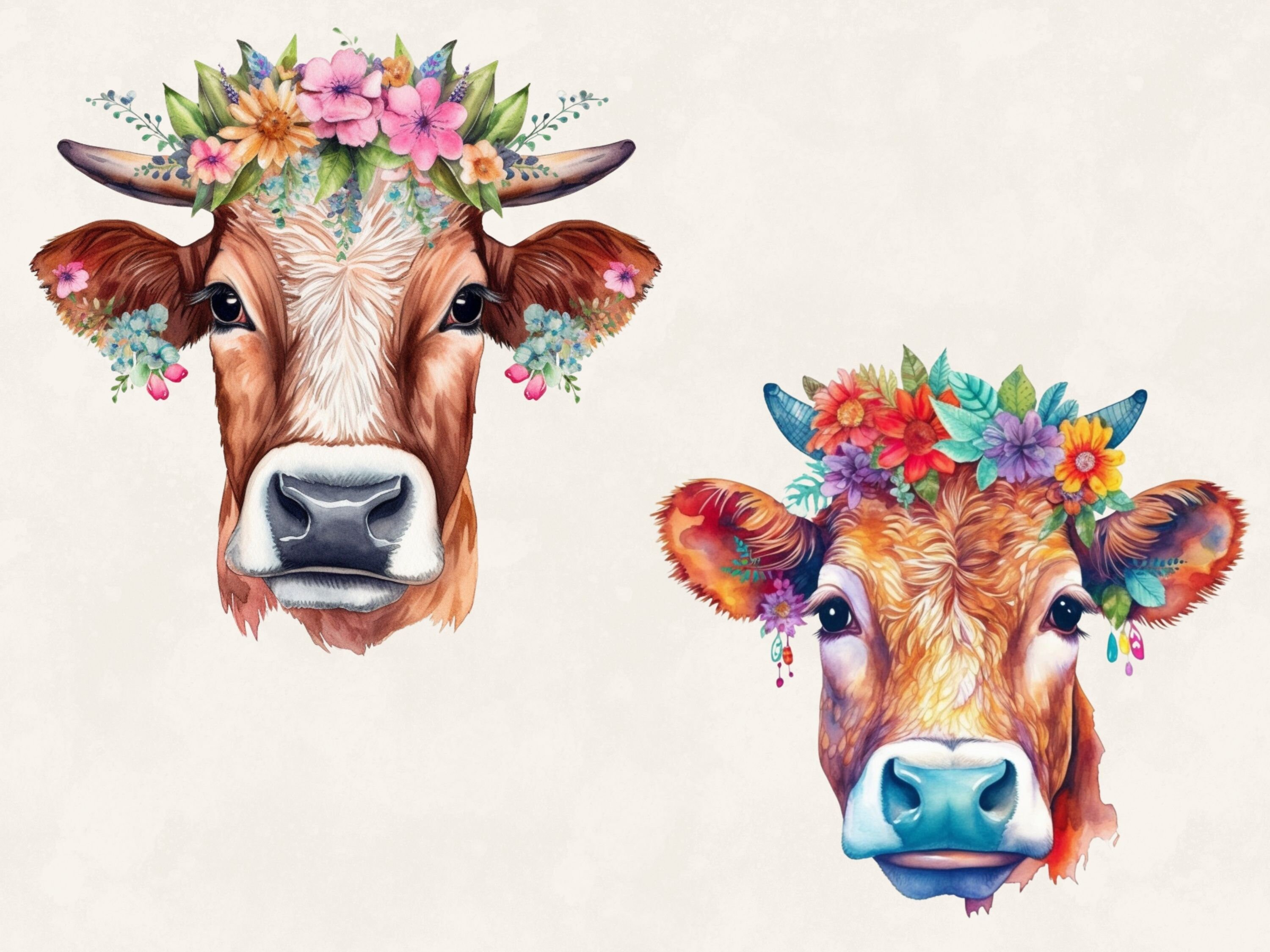 Retro Cow Clipart Bundle: Watercolor Farm Animal PNG (commercial Use ...