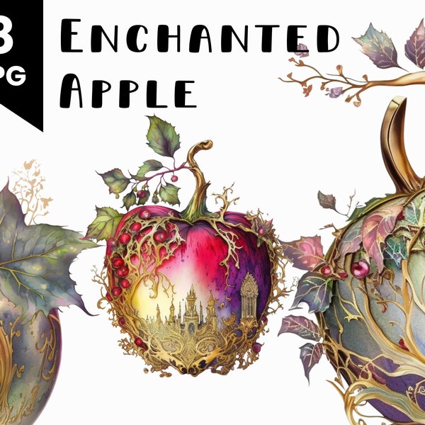 Enchanted Apple Print Art Commercial Use Watercolor Magic Poison Apple Illustration Bundle Digital Design Bundle Clip Art POD