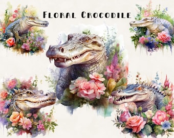Watercolor Crocodile Clipart Bundle: Floral Alligator PNG (Commercial Use)