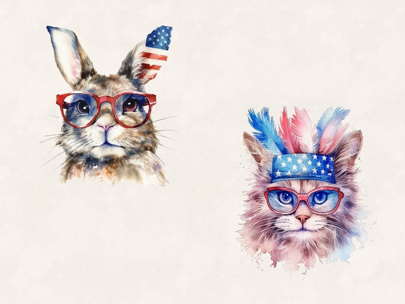 K&ouml;nnte beinhalten: Ein Aquarellbild von einem Kaninchen und einer Katze, die rote Brillen und patriotische Accessoires tragen. Das Kaninchen hat eine amerikanische Flagge am Ohr und die Katze einen Stirnb&auml;ndchen mit Sternen und Streifen und Federn.