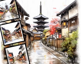 Kyoto Watercolor Clipart: Japan Digital Art Bundle (Commercial Use)