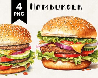 Hamburger Clipart Bundle Commercial Use Aquarelle Cheeseburger Food Digital Design Bundle Fichiers PNG