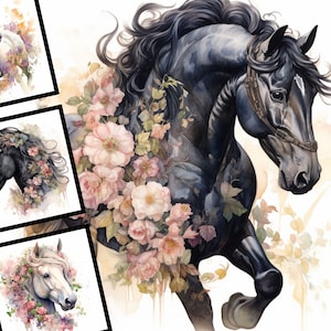 Bellissimo cavallo stampa arte romantica illustrazione uso commerciale Vintage acquerello Bundle Digital Design Clip Art