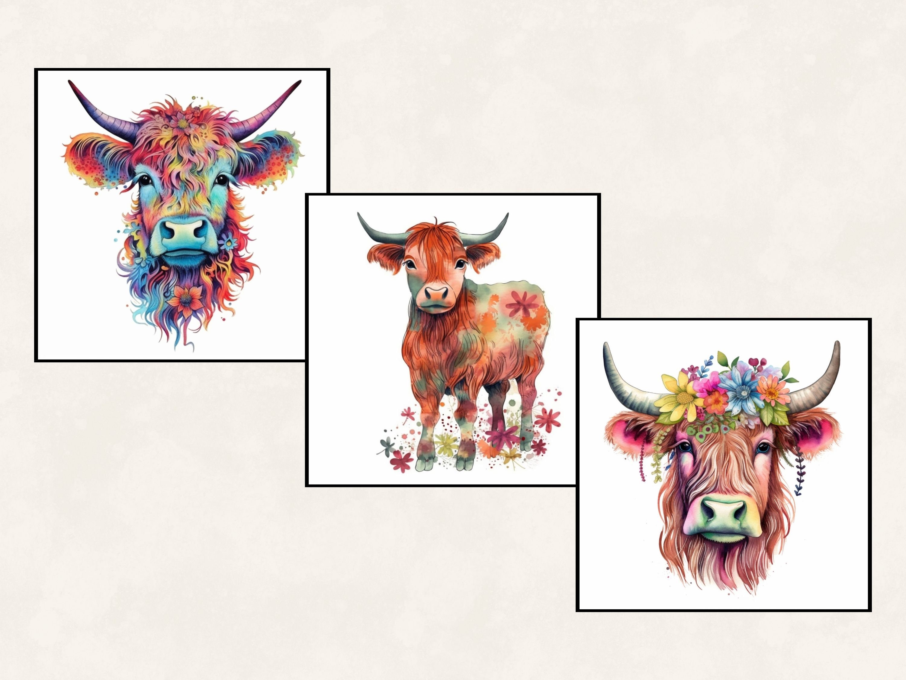24 Boho Highland Cow Clipart Watercolor Illustration - Etsy