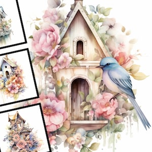 Vintage Vogelhaus Clipart Bundle Aquarell kommerzielle Nutzung Digital Design Bundle Download Clipart Pastel Bird House