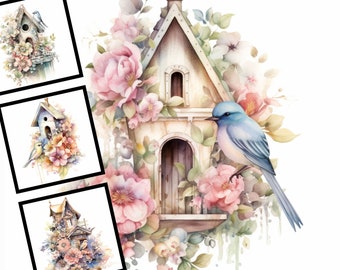 Clipartbundel aquarel vogelhuisje: vintage pastelontwerpen (digitale download)