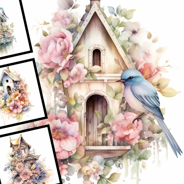 Vintage Bird House Clipart Bundle Watercolor Commercial Use Digital Design Bundle Download Clipart Pastel Bird House