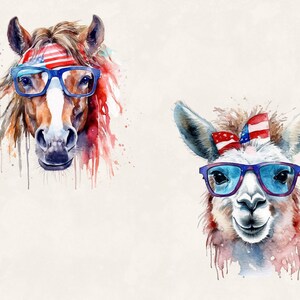 K&ouml;nnte beinhalten: Aquarellmalerei eines Pferdes und eines Lamas, die blaue Brillen und rot-wei&szlig;-blaue Bandanas tragen. Die Tiere sind in einem skurrilen Stil mit Farbspritzern gemalt.
