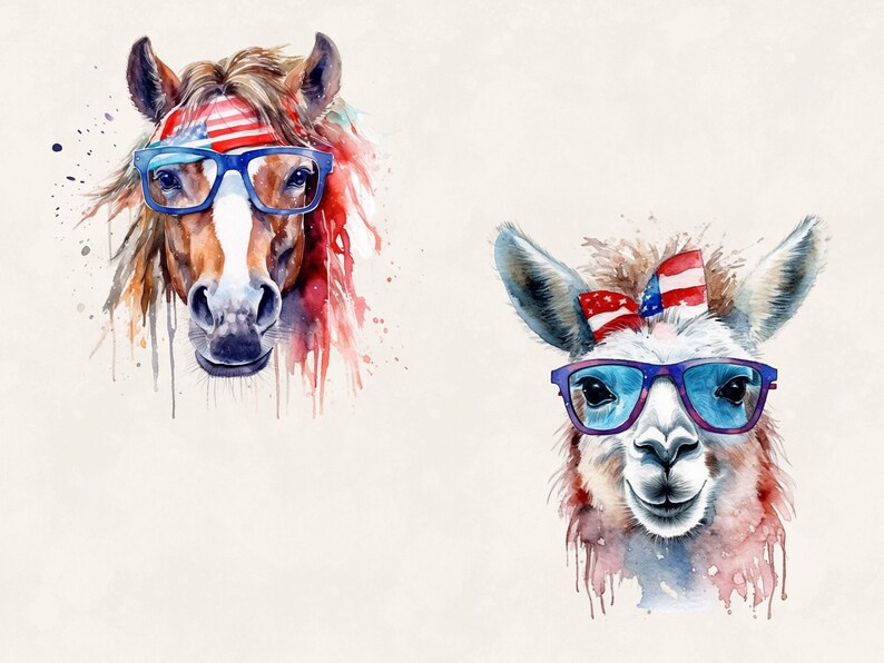 K&ouml;nnte beinhalten: Aquarellmalerei eines Pferdes und eines Lamas, die blaue Brillen und rot-wei&szlig;-blaue Bandanas tragen. Die Tiere sind in einem skurrilen Stil mit Farbspritzern gemalt.