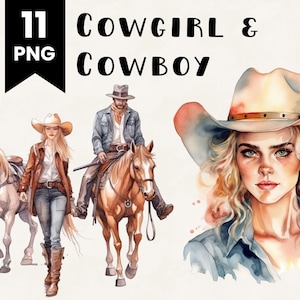 Western Print Art Illustration Cowboy Clipart Watercolor Cowgirl Illustration Bundle Digital Design Bundle Clip Art POD