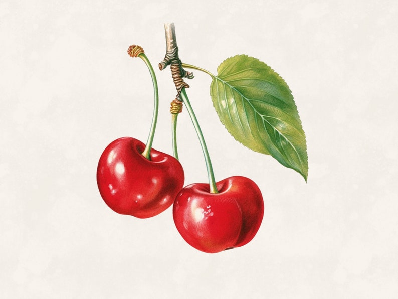 May include: Illustration of two ripe red cherries with green stems and a single green leaf. The cherries are glossy and appear freshly picked, set against a soft, off-white background. A botanical-style depiction.